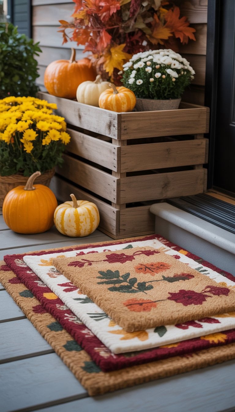 A festive doormat layered in front of a rustic wooden crate planter filled with fall foliage and pumpkins at a home entrance.
