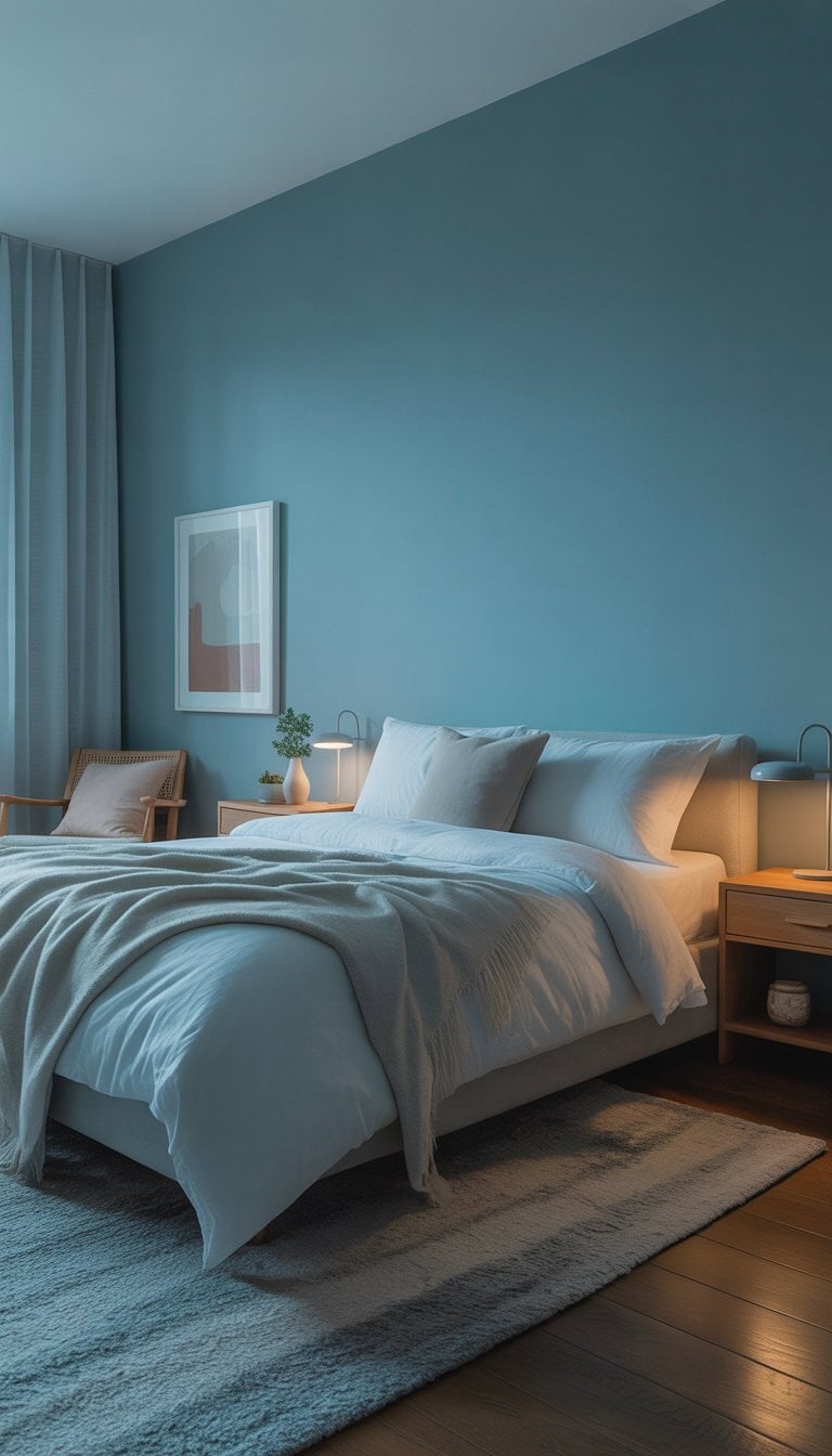 A bedroom with muted blue walls, a neatly made bed with white linens, wooden nightstands, soft natural light, and a calm, peaceful atmosphere.