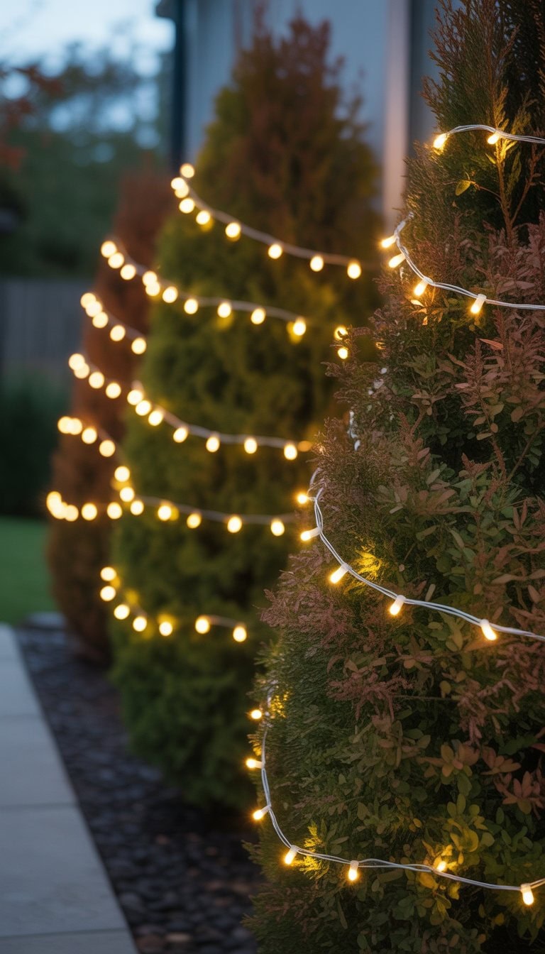 Outdoor shrubs wrapped with warm white string fairy lights glowing softly in the evening.
