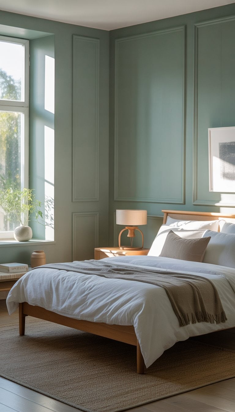 A bedroom with pewter green walls, natural sunlight coming through a large window, a wooden bed with white bedding, a bedside table with a lamp and plant, and light hardwood floors.