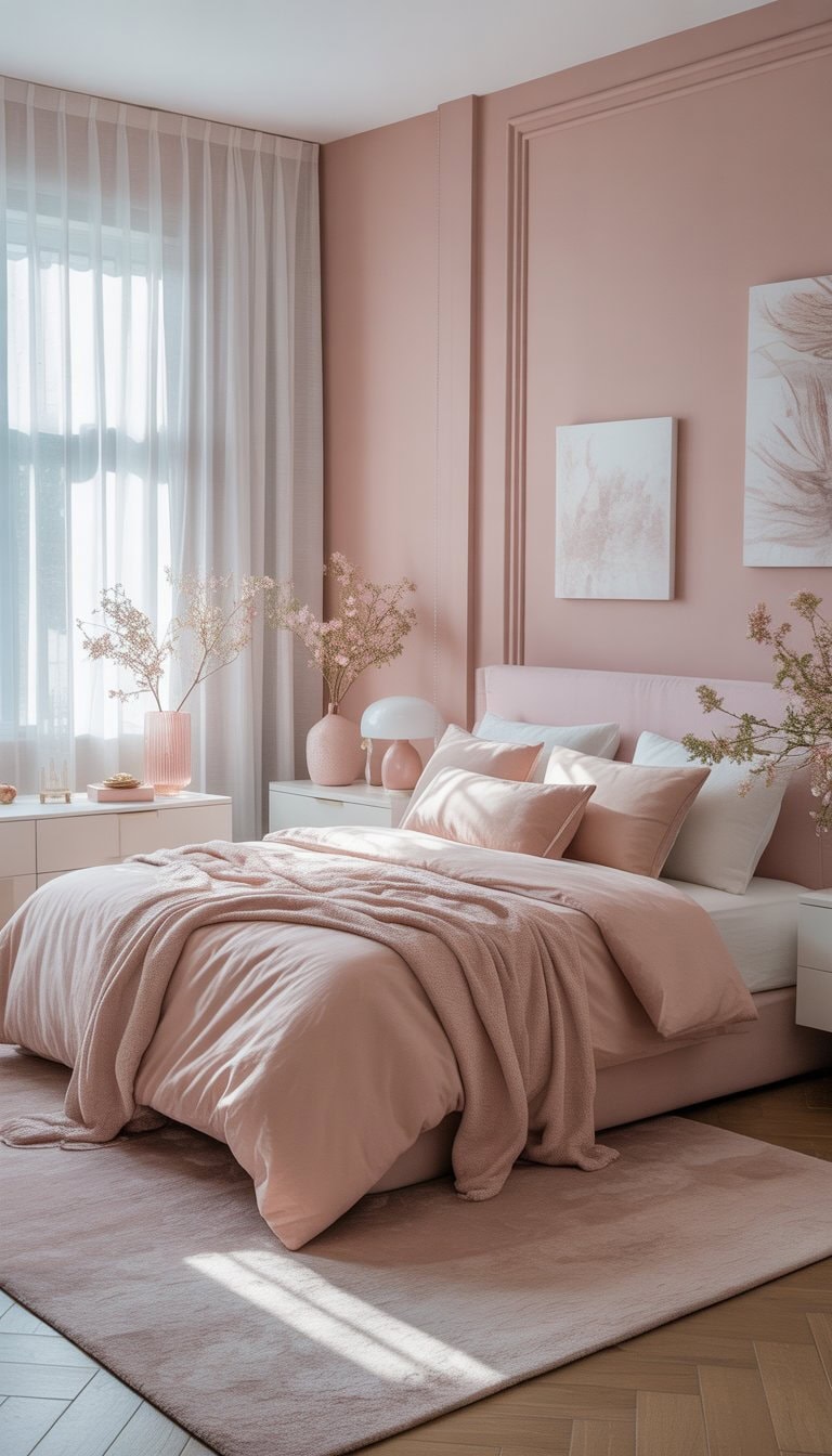 A bedroom with blush pink walls, a bed with pink and white bedding, white furniture, and natural light coming through sheer curtains.