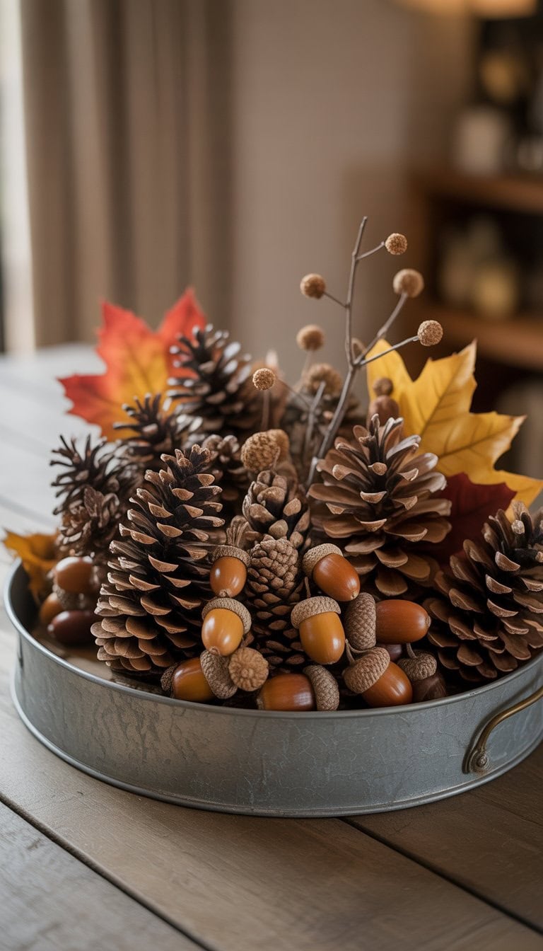 A fall centerpiece with pinecones and acorns arranged on a vintage tray on a wooden table.