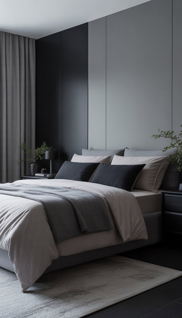 A modern bedroom with a black accent wall, gray walls and bedding, dark furniture, and natural light coming through curtains.