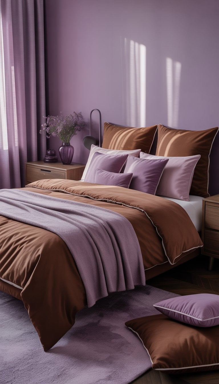 A bedroom with a bed featuring chocolate brown bedding and violet pillows, violet-painted walls, and brown wooden furniture with natural light coming through sheer curtains.