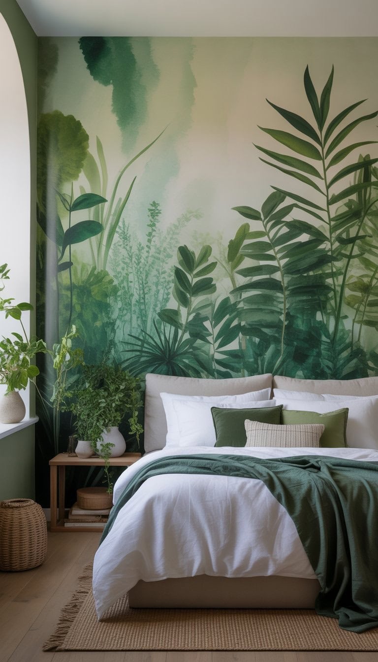 A bedroom with green walls, plants, wooden furniture, and a bed with white and green bedding, filled with natural light.