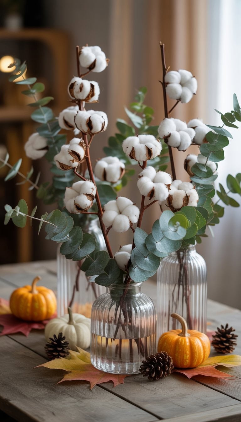 Vases filled with cotton stems and eucalyptus branches arranged on a wooden table with pumpkins and autumn leaves.