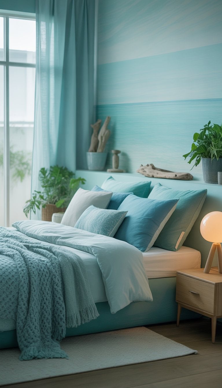 A bedroom with walls painted in soft aquatic shades, featuring a neatly made bed with blue and green bedding, natural light from large windows, and coastal-inspired decor.