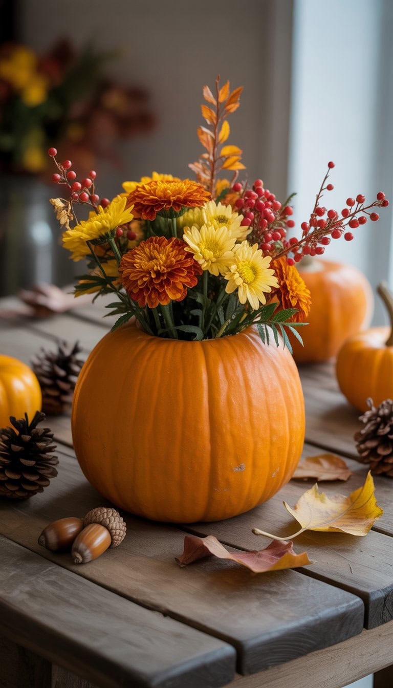 Small hollowed-out pumpkin used as a vase filled with colorful fall flowers on a wooden table with autumn decorations around it.