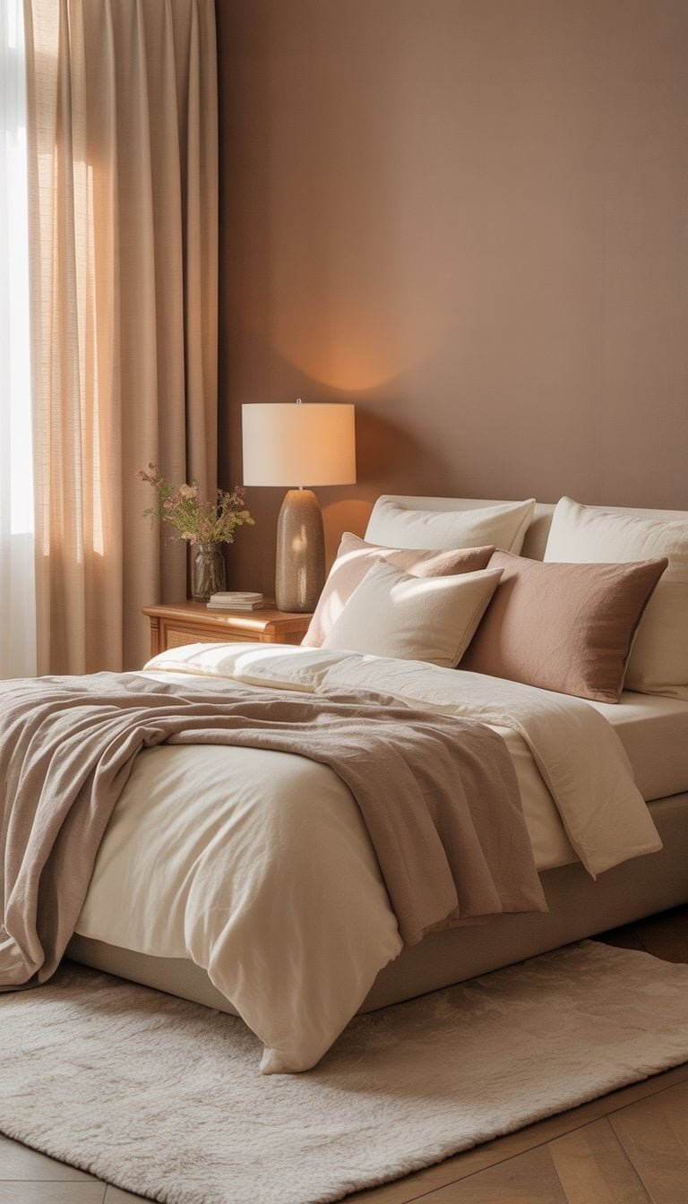 A bedroom with warm taupe walls, cream curtains, a bed with cream linens and taupe pillows, a wooden nightstand with a lamp and flowers, and a cream area rug.