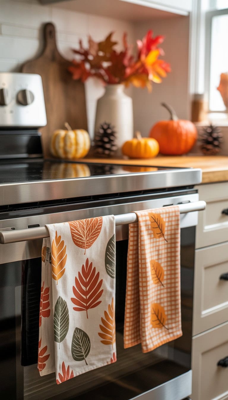 A kitchen with leaf-printed and orange-themed towels hanging, decorated with small pumpkins and fall foliage on a wooden countertop.