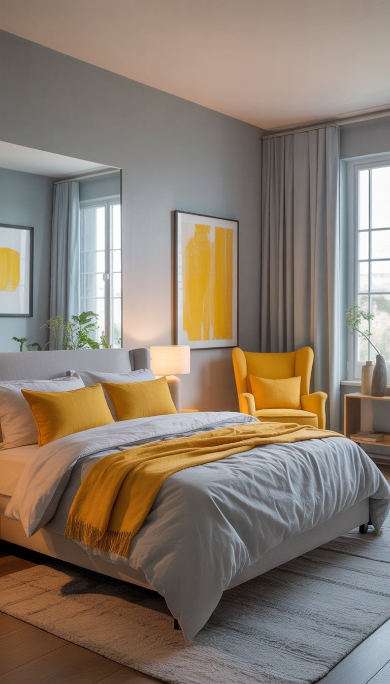 A bedroom with gray walls, a bed with gray bedding and yellow pillows, yellow accents, and natural light coming through windows.