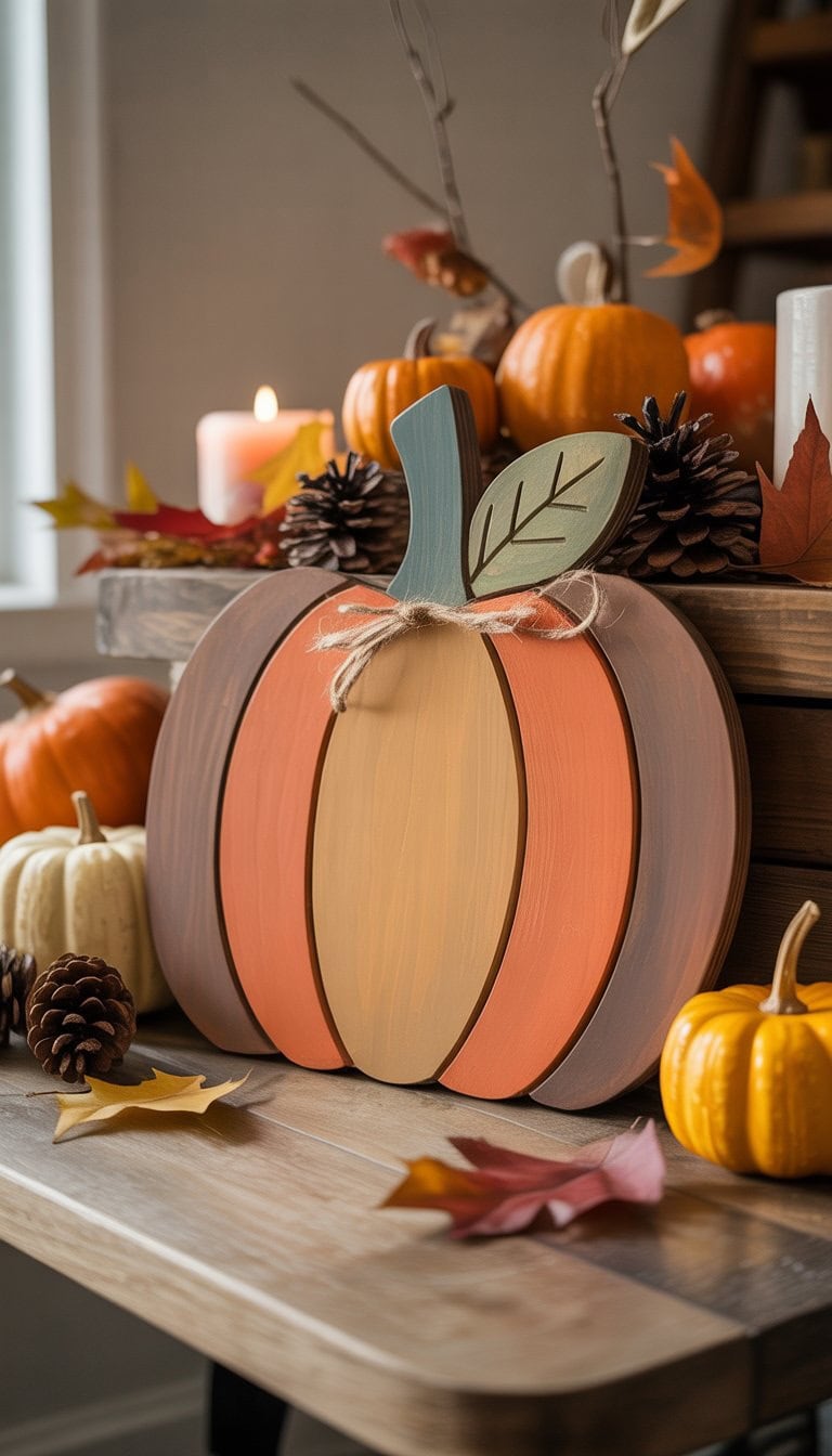 A wooden pumpkin decoration on a table surrounded by small pumpkins, pinecones, dried leaves, and candles in a cozy indoor setting.