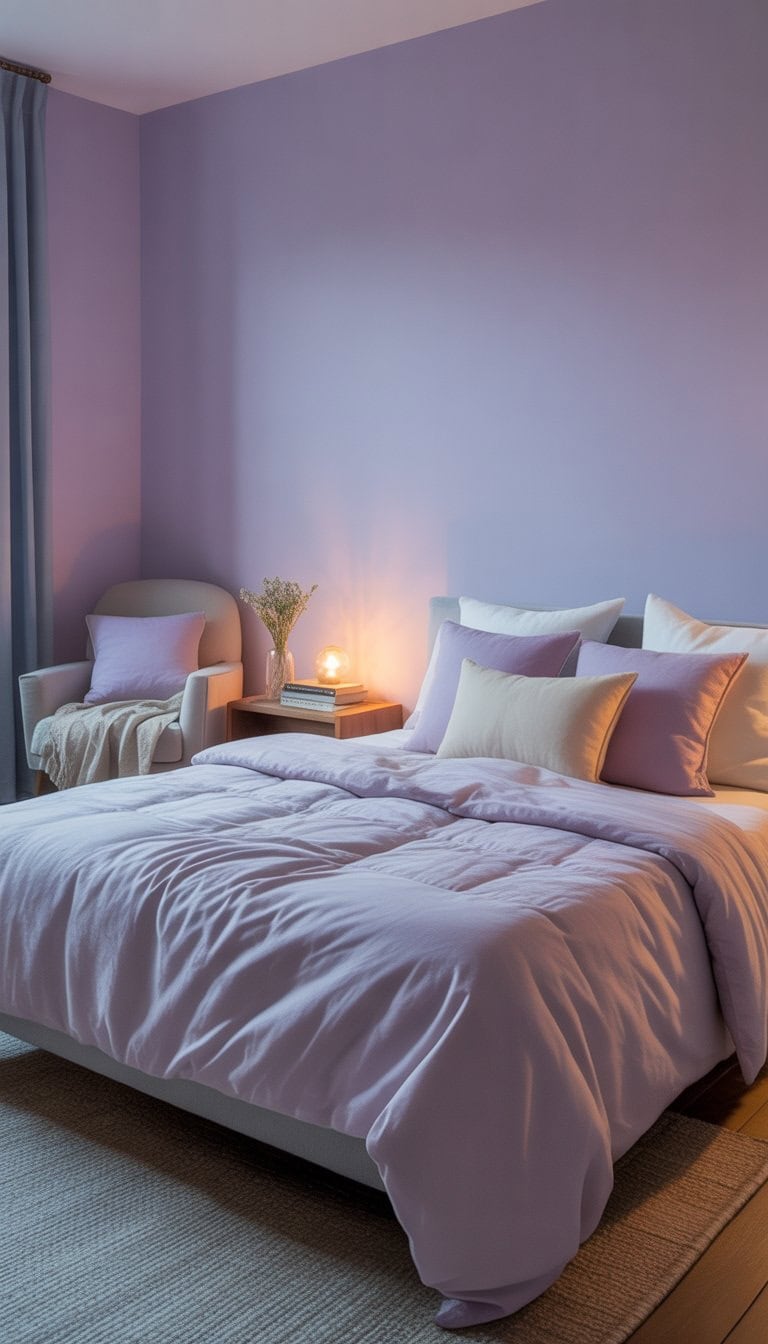 A calm bedroom with light lavender walls, a neatly made bed with pastel bedding, a cozy armchair by a window, and warm evening light filtering through sheer curtains.