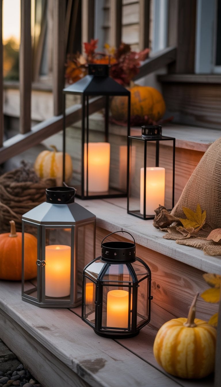Porch steps decorated with lanterns containing LED candles and small fall decorations like pumpkins and dried leaves.