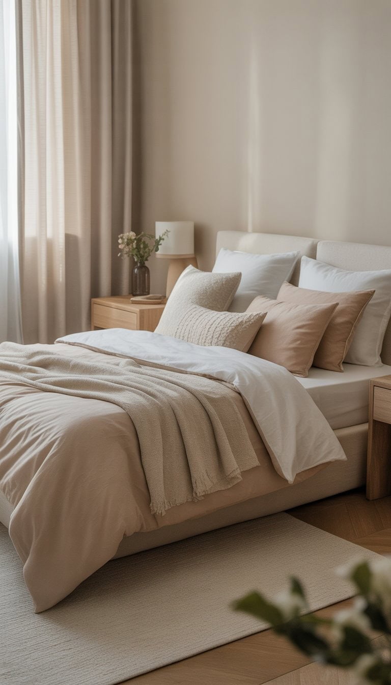 A calm bedroom with a bed, soft beige and ivory bedding, wooden nightstands, and natural light coming through sheer curtains.