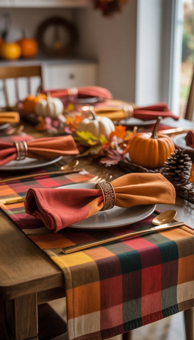 A fall dining table with plaid table runners and copper napkin rings holding cloth napkins, decorated with small pumpkins and autumn leaves.