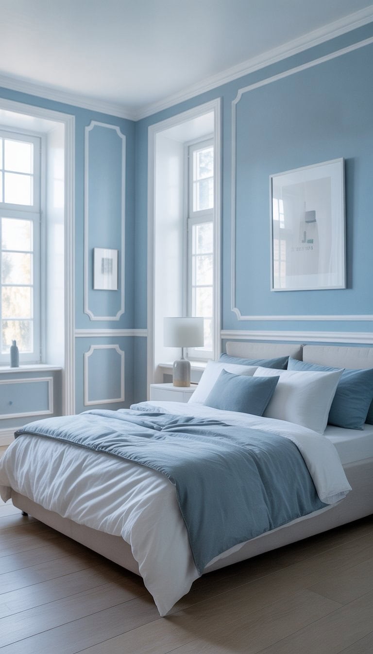 A bright bedroom with gentle blue walls, white trims, a made bed with blue and white bedding, and natural light coming through large windows.