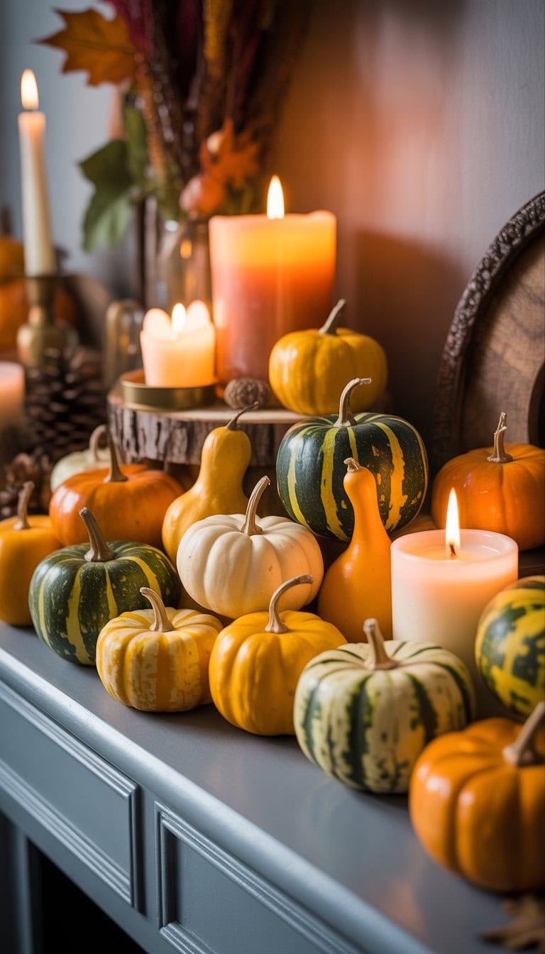 A mantel decorated with miniature gourds and lit candles surrounded by autumn leaves and pinecones.