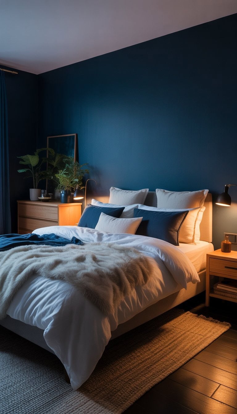 A cozy bedroom with deep navy walls, a large bed with white and gray bedding, warm lighting, wooden furniture, and green plants.
