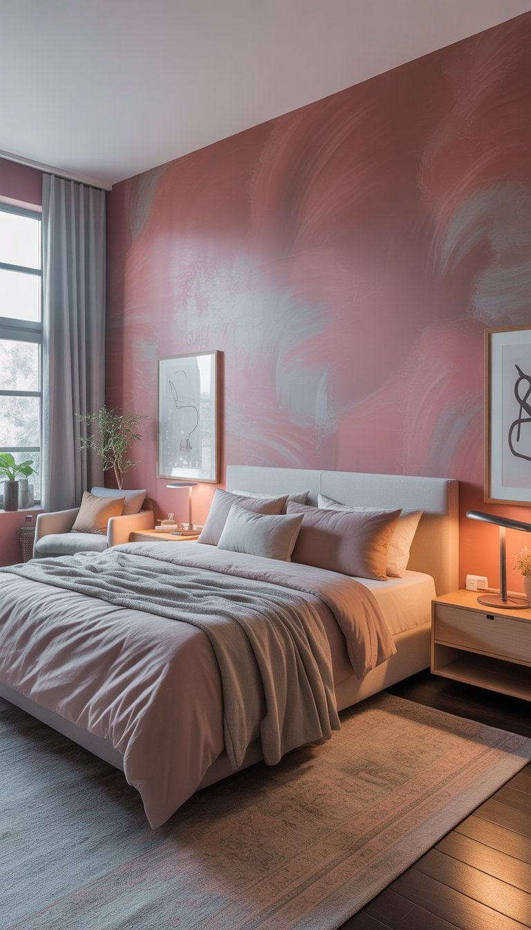 A bedroom with dusty rose walls with gray undertones, a bed with neutral bedding, nightstands with lamps, a window with curtains, and decorative items.