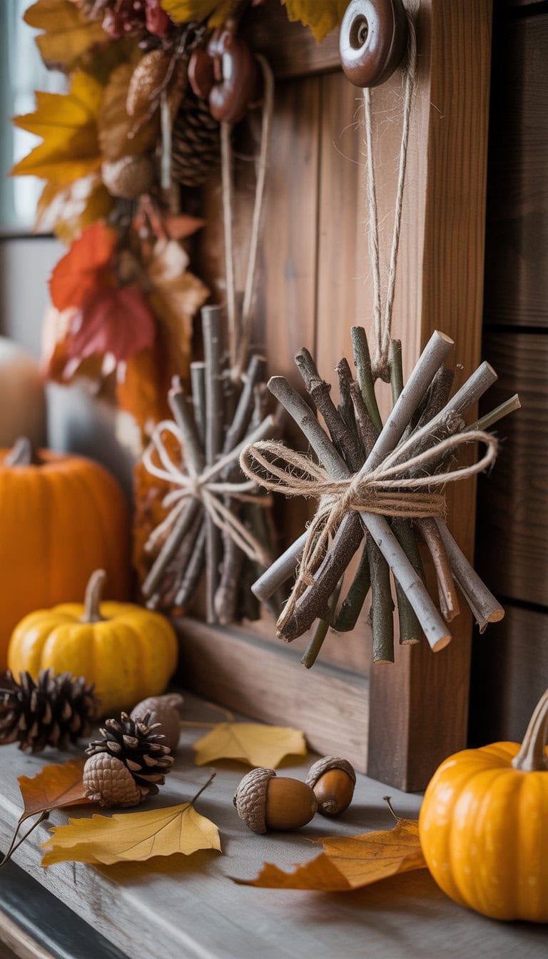 Twig ornaments tied with rustic twine hanging on a wooden door surrounded by fall leaves and small pumpkins.