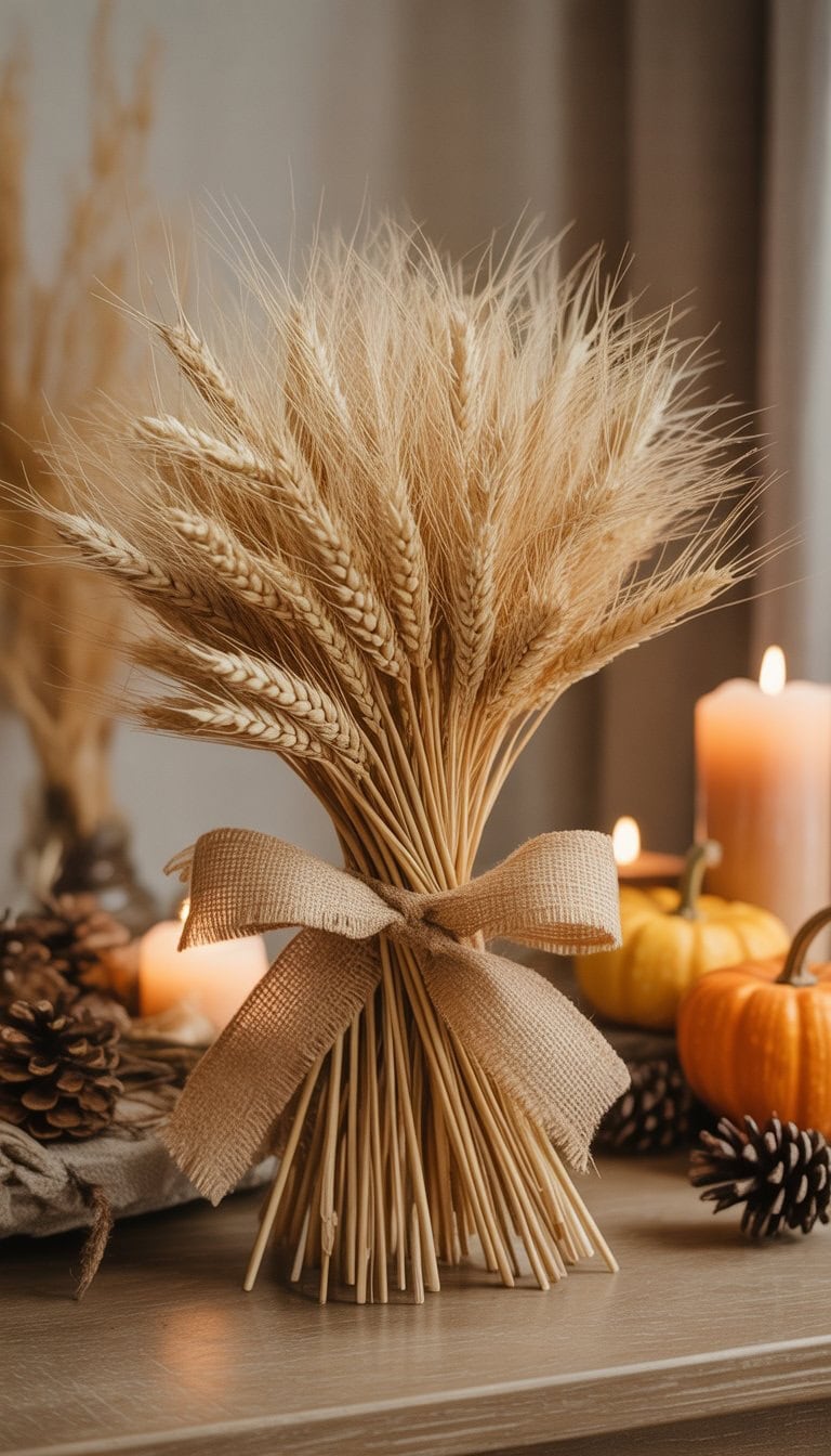 A dried wheat bundle tied with a burlap ribbon placed on a wooden table surrounded by small pumpkins and candles.