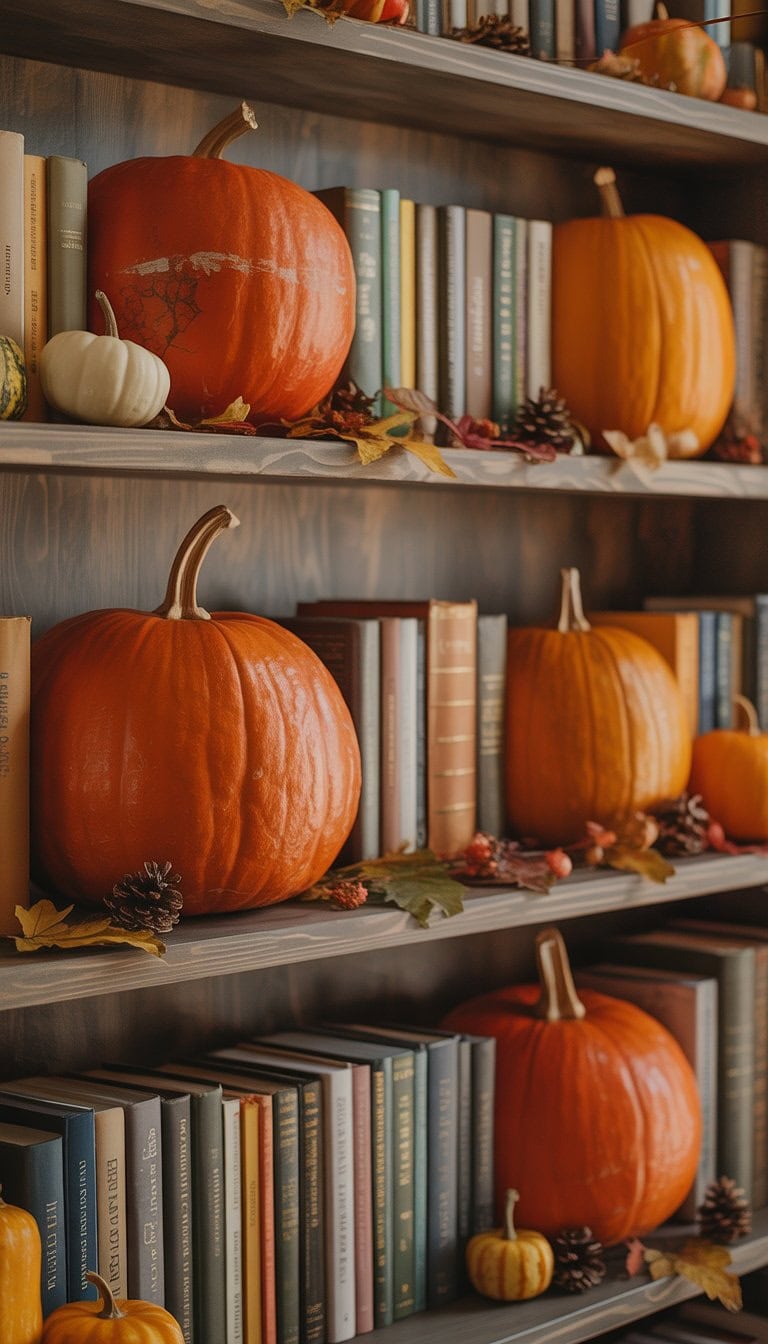 Bookshelf with large pumpkins used as bookends, surrounded by books and small fall decorations.