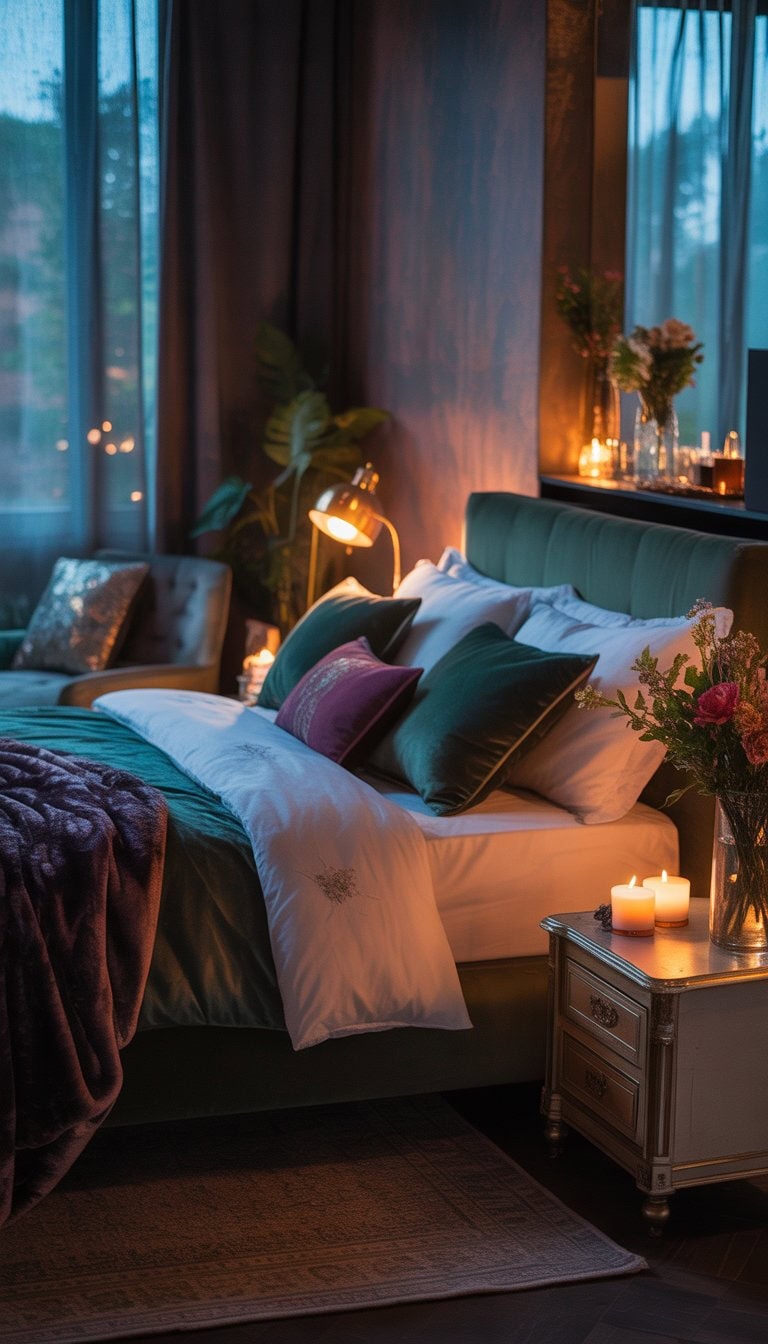 A cozy bedroom with a large bed, soft lighting, dark bedding, flowers on a nightstand, and sheer curtains over windows.