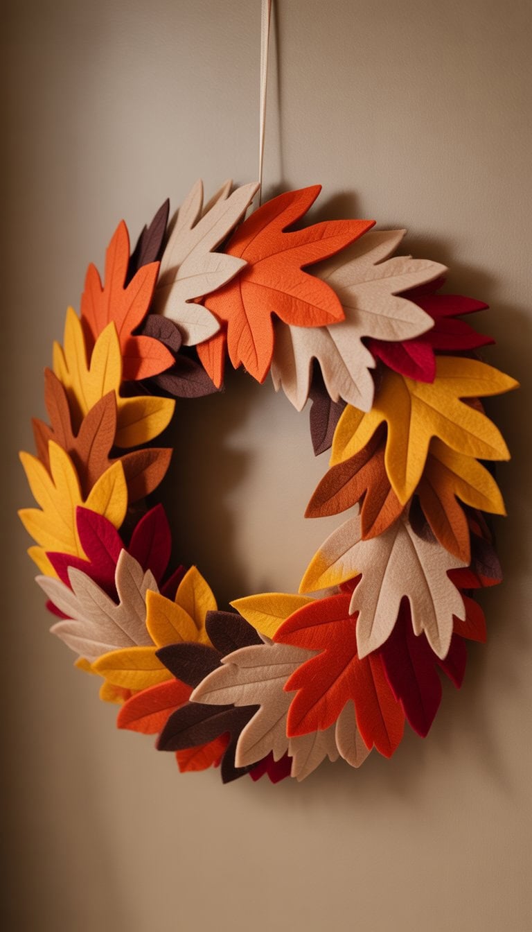 A wreath made of felt leaves in autumn colors including orange, red, yellow, and brown, arranged in a circular shape against a plain background.