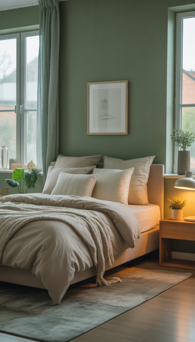 A peaceful bedroom with sage green walls, a neatly made bed, wooden nightstand with a lamp and plant, and soft natural light coming through windows.