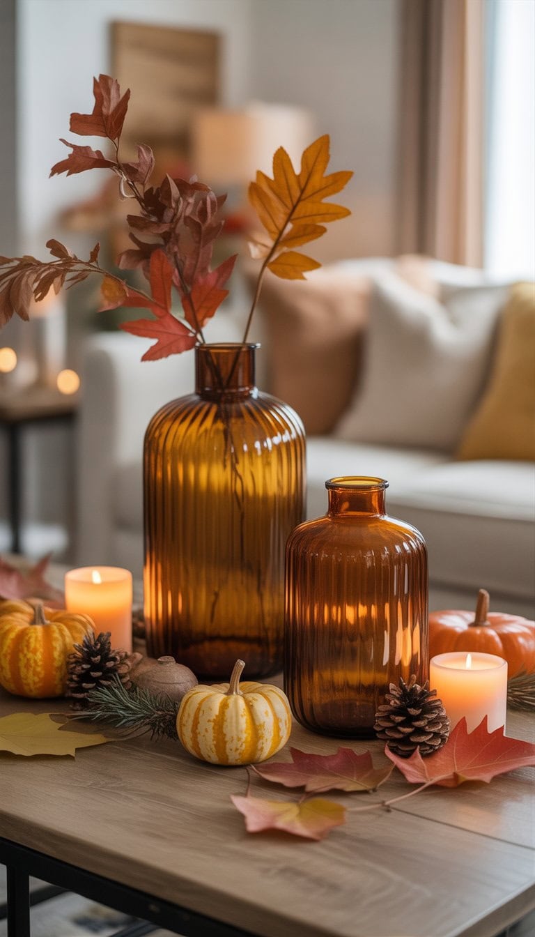 A cozy fall interior with warm amber glass vases on a wooden table surrounded by autumn decorations like pumpkins, pine cones, and dried leaves.