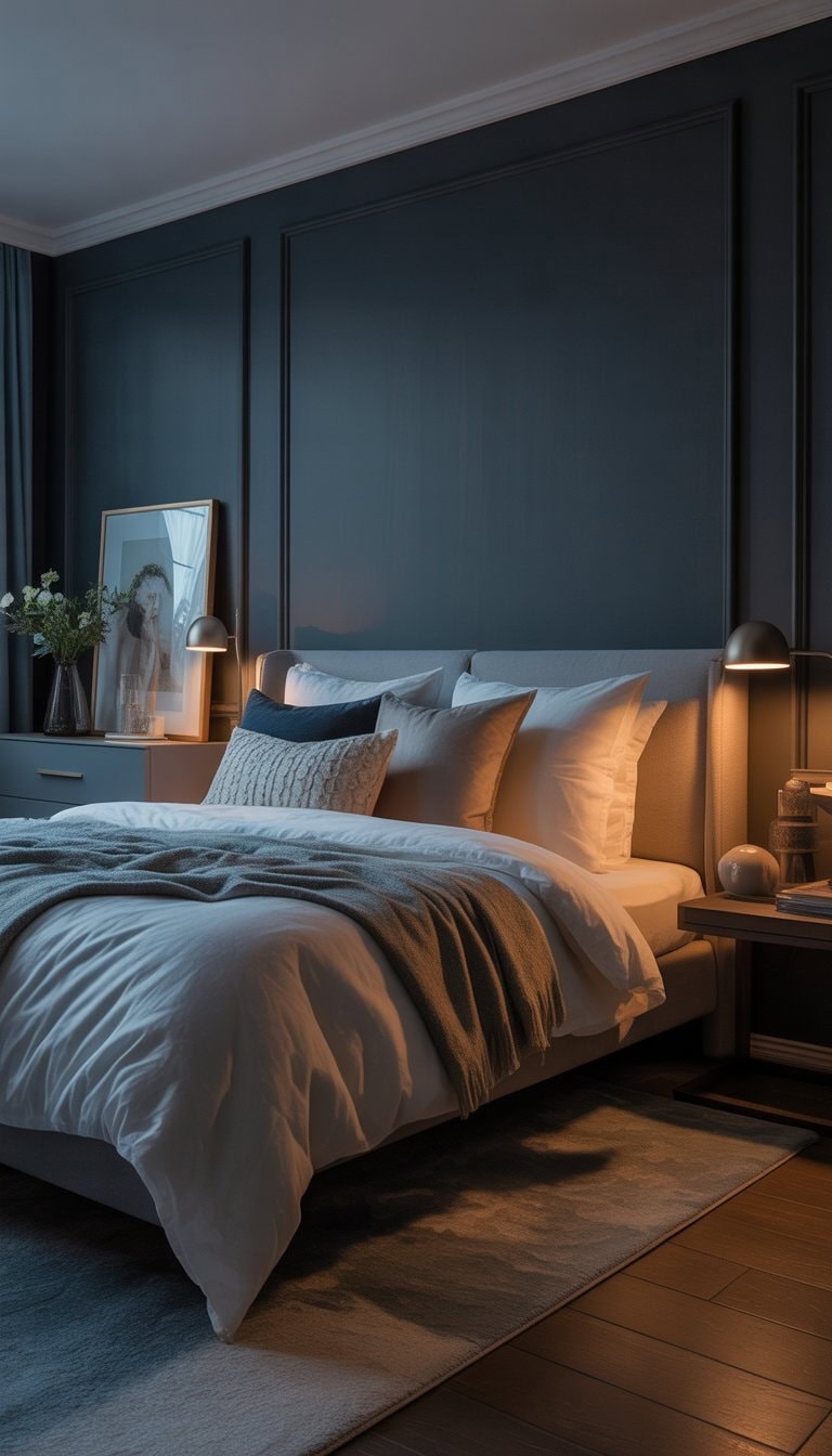 A bedroom with a deep charcoal or navy accent wall, a large bed with pillows and blankets, bedside tables with lamps, and decorative items creating a cozy atmosphere.