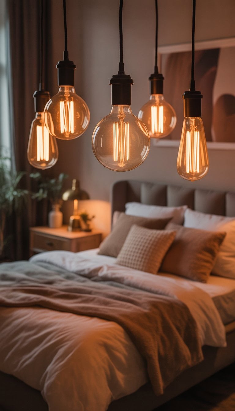 A cozy bedroom softly lit by amber Edison bulbs hanging from the ceiling, featuring a bed with pillows and warm decor.