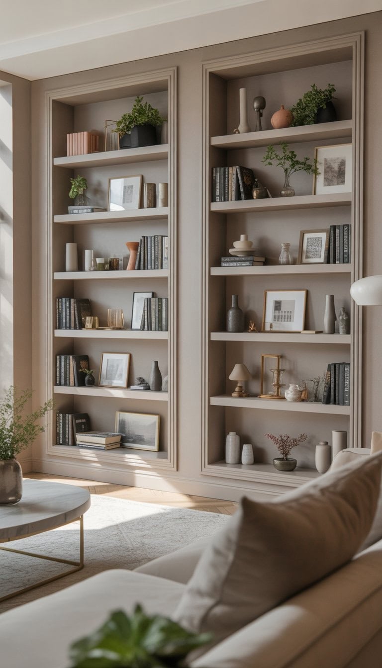 Living room with built-in shelves filled with books, plants, and decorative items, featuring a sofa and coffee table.