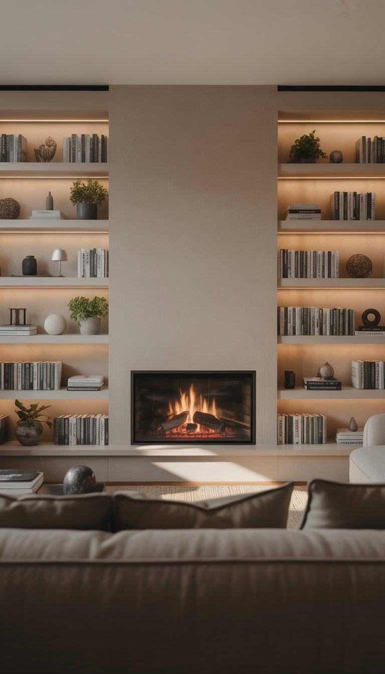 Living room with a fireplace flanked by built-in shelves filled with books and decorations.