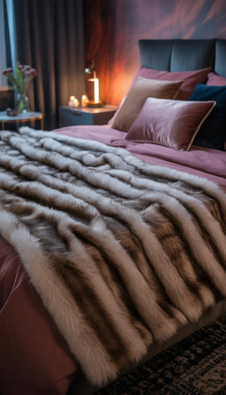 A king-sized bed with a luxurious faux fur throw blanket in a dimly lit bedroom with warm lighting and plush pillows.