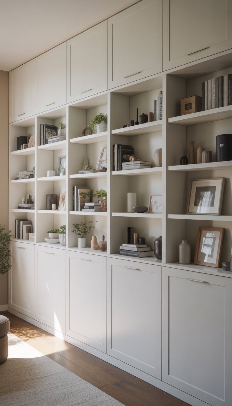 A living room wall with white built-in shelves and closed cabinets, decorated with books, plants, and decorative objects.