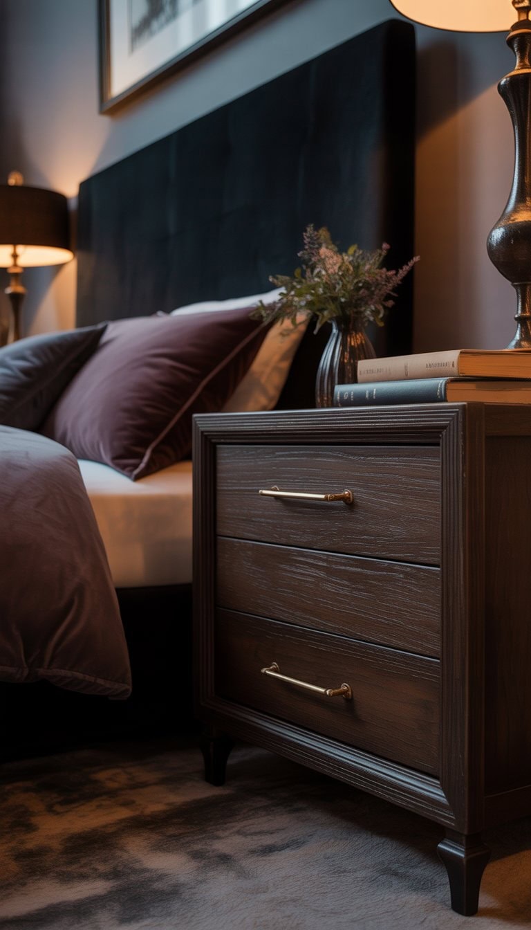 A bedroom with dark wooden nightstands featuring brass handles on each side of a bed with plush bedding and soft warm lighting.