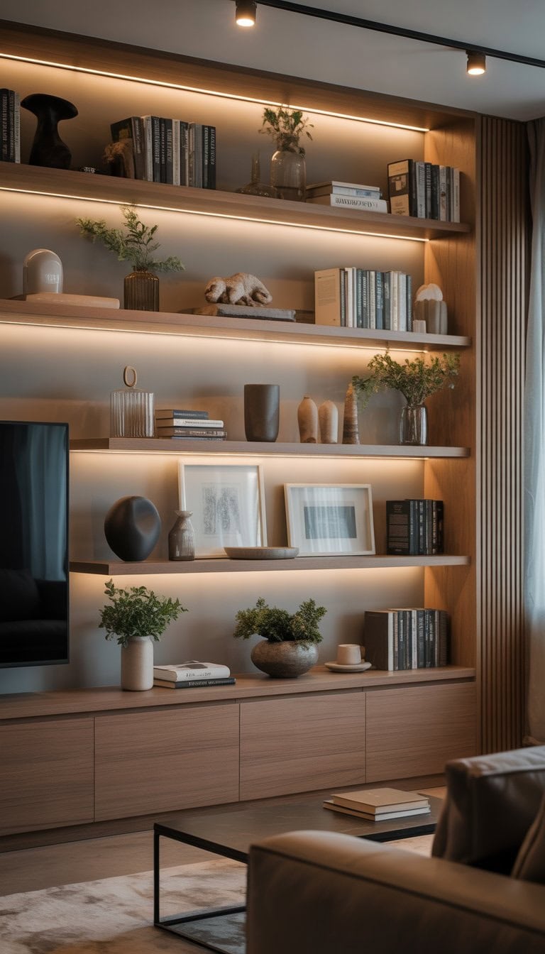 Living room with custom built-in shelves featuring integrated LED lighting highlighting decorative items.