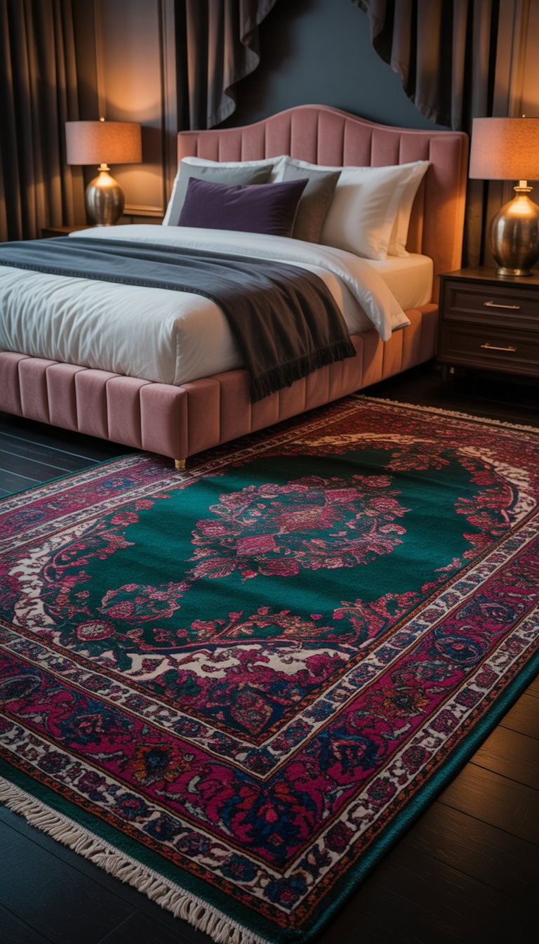 A bedroom with a plush Persian rug in jewel tones under a bed with soft linens, warm lighting, and dark wood furniture.