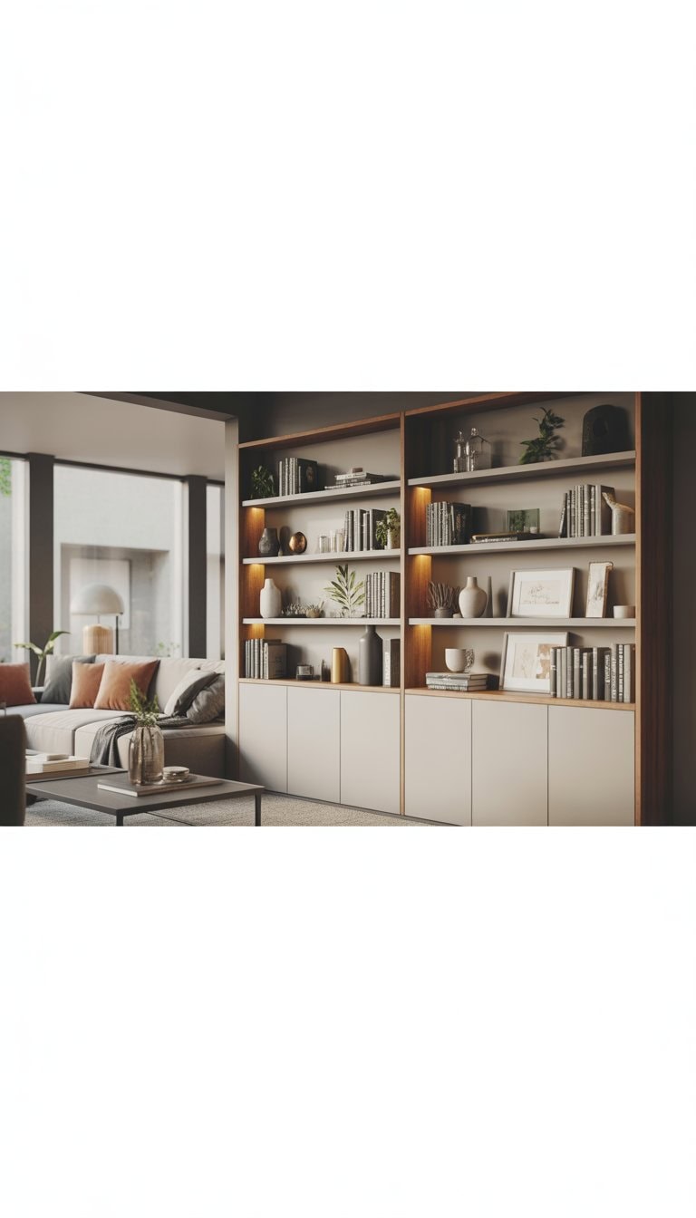 Living room with built-in shelving featuring open shelves and closed cabinets filled with books and decorative items.