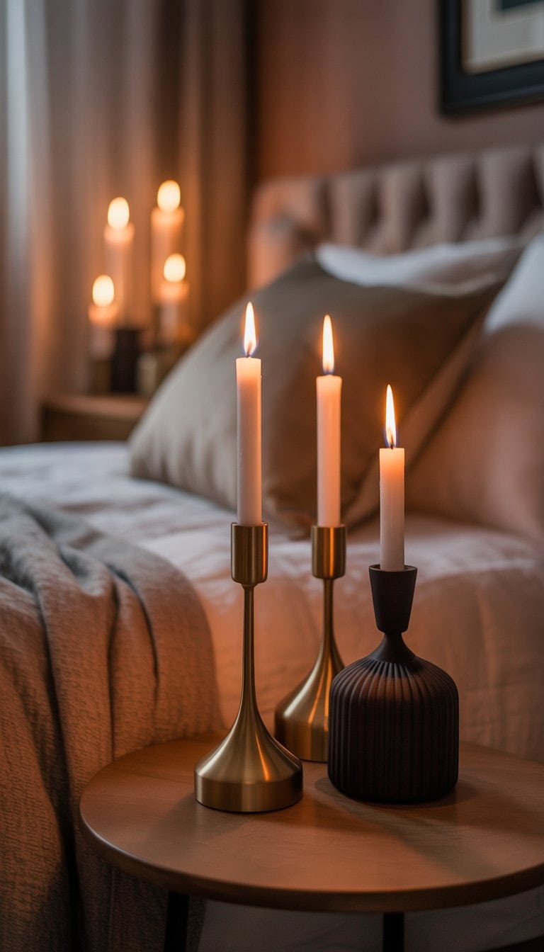 A bedroom with lit candles in brass and black holders on a nightstand next to a cozy bed with soft bedding.