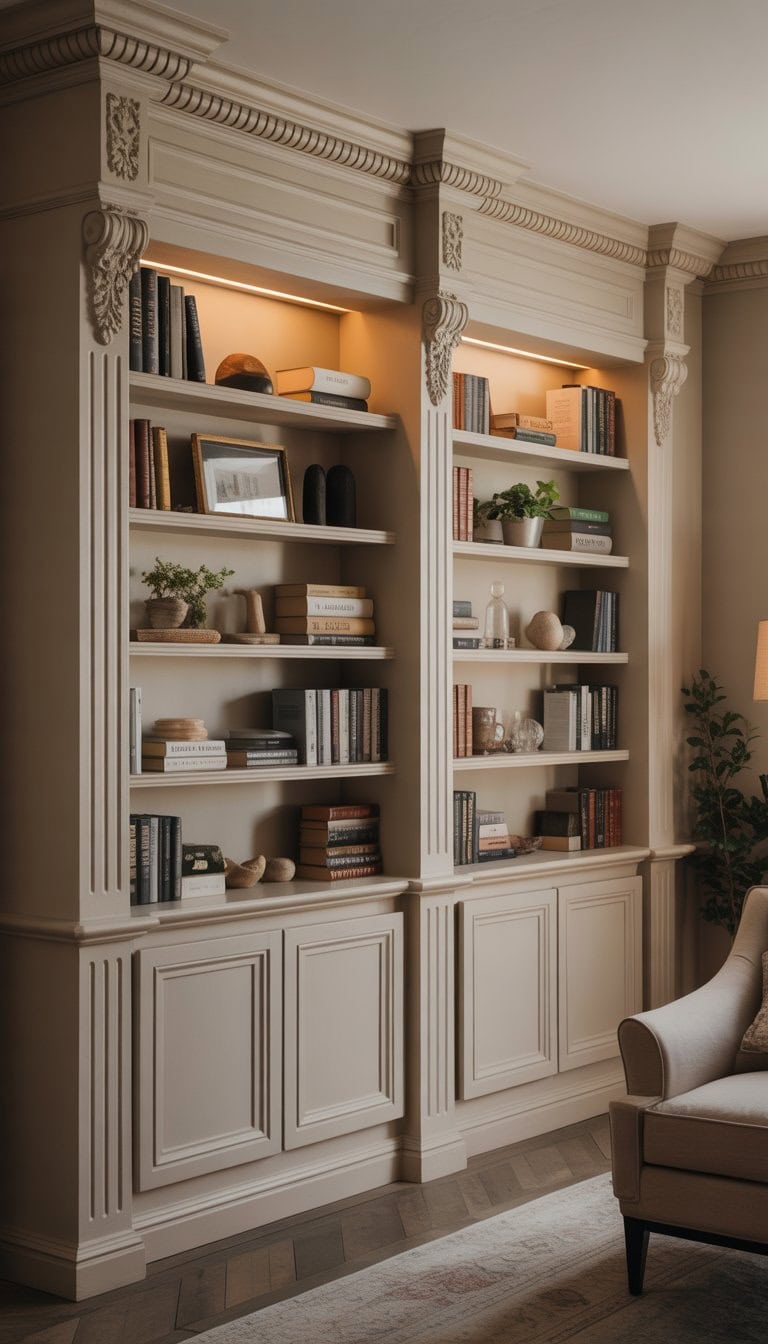 A living room with built-in shelves featuring detailed crown molding, filled with books and decorative items, next to a cozy armchair.