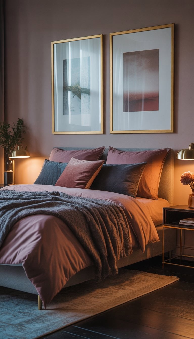 A cozy bedroom with a neatly made bed, gold framed art prints on the wall, warm lighting, and elegant bedside tables.