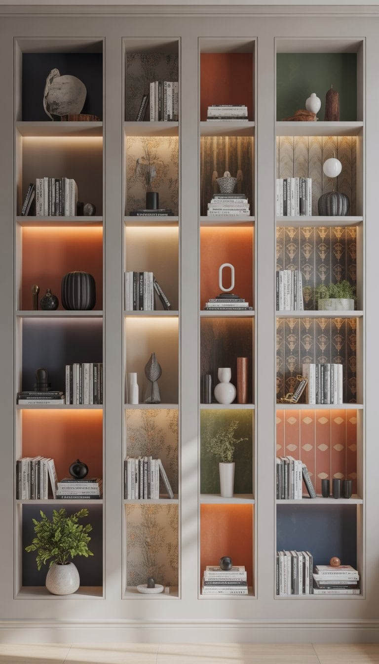A living room with built-in shelves that have wallpapered backs, displaying books and decorative items.