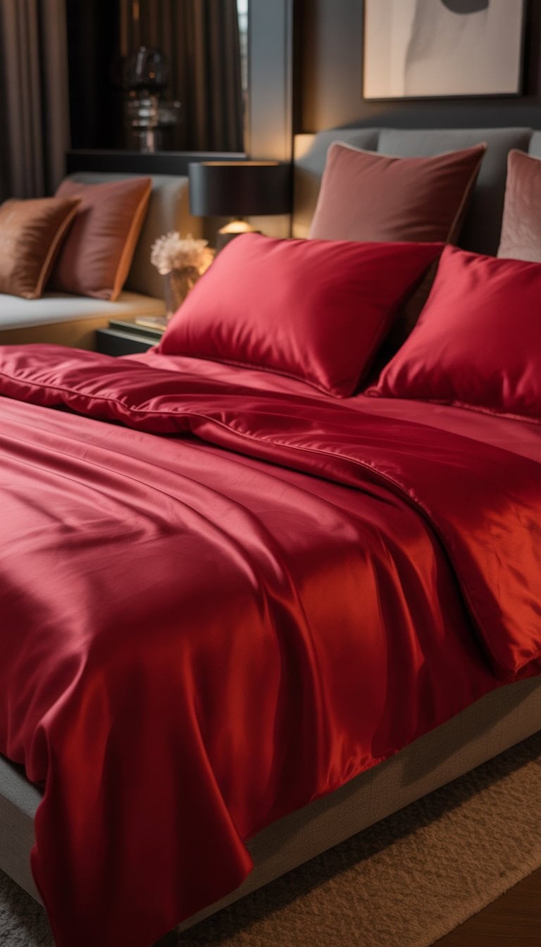 A bedroom with a bed covered in deep red silk or satin bedding, soft pillows, warm lighting, and elegant furniture.