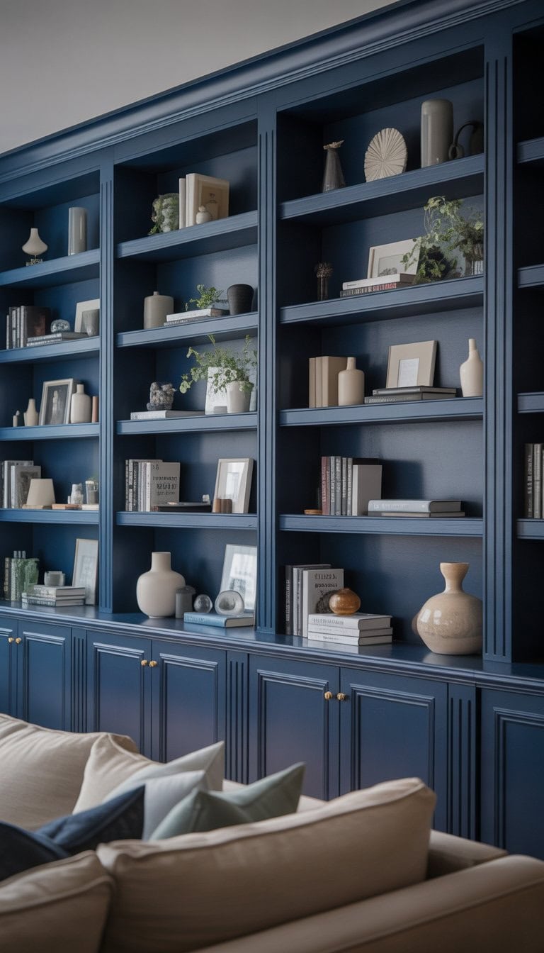 Living room with built-in navy blue shelves filled with books and decorative items.