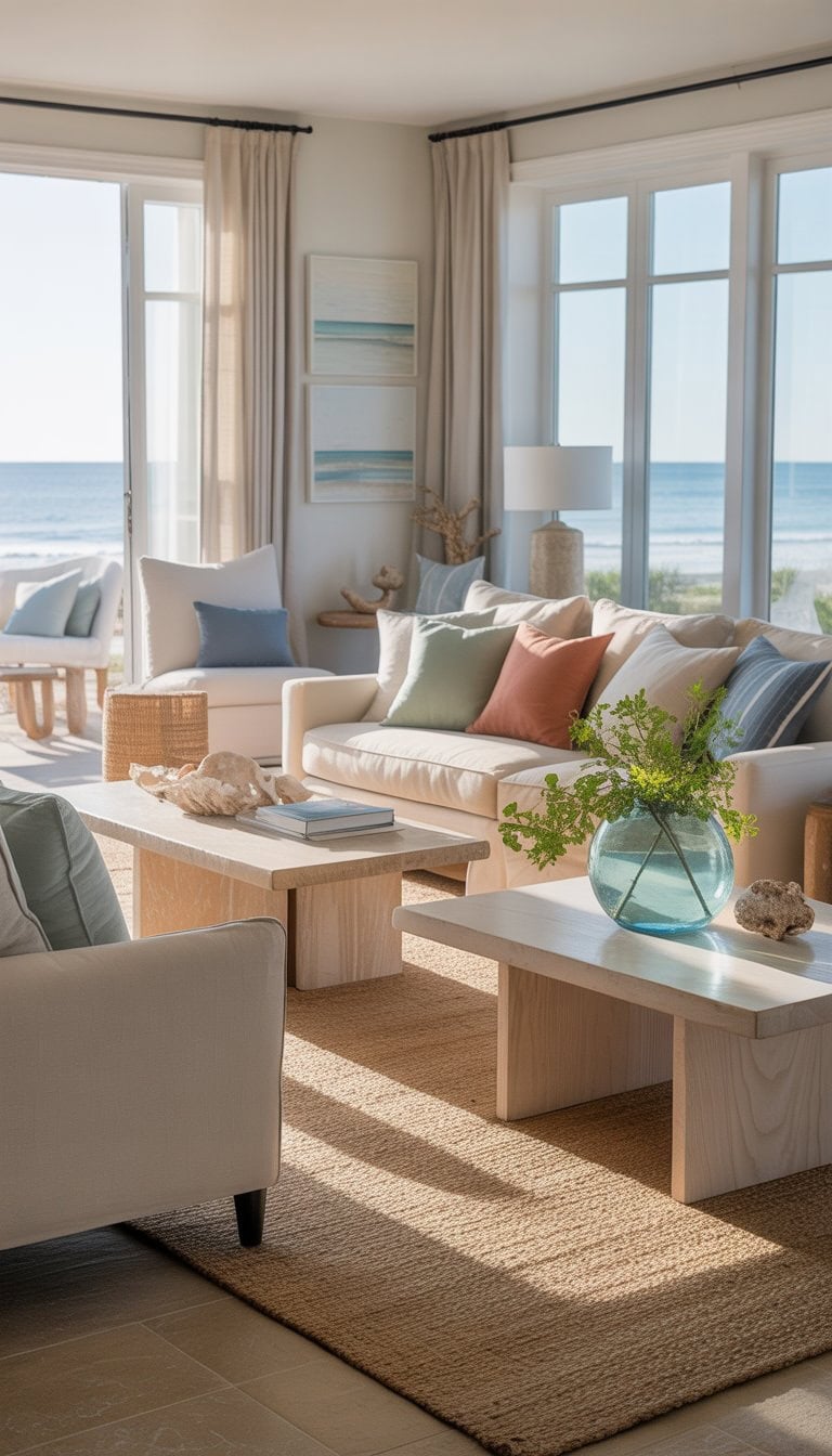 A bright living room with beige furniture, blue and green pillows, wooden tables, and large windows showing an ocean view.