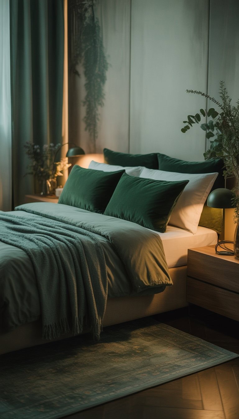 A bedroom with a bed featuring dark green pillows and blanket, warm lighting, wooden furniture, and plants near a window with sheer curtains.