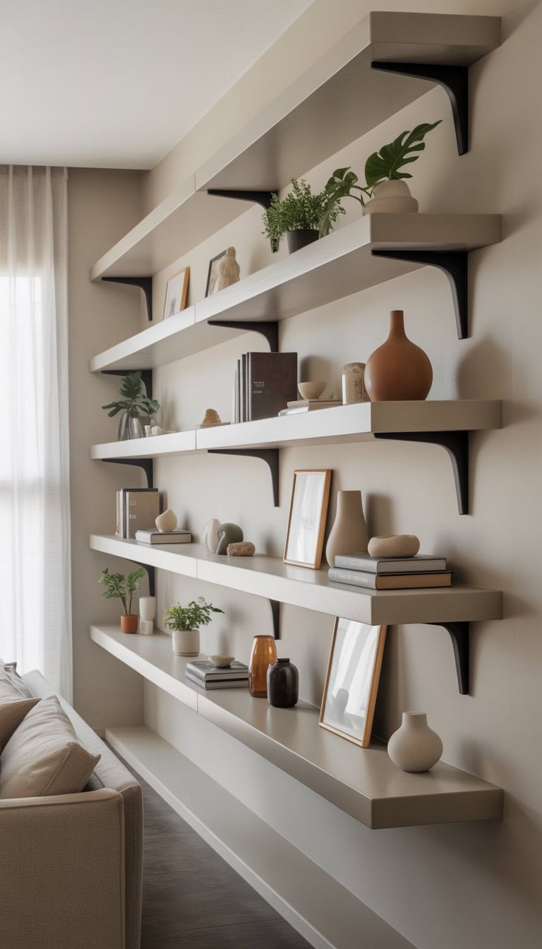 Living room with floating built-in shelves displaying books, plants, and decorative items on a light wall.